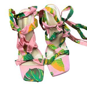 Women's 4.5 inch strappy squared toe pink floral heels